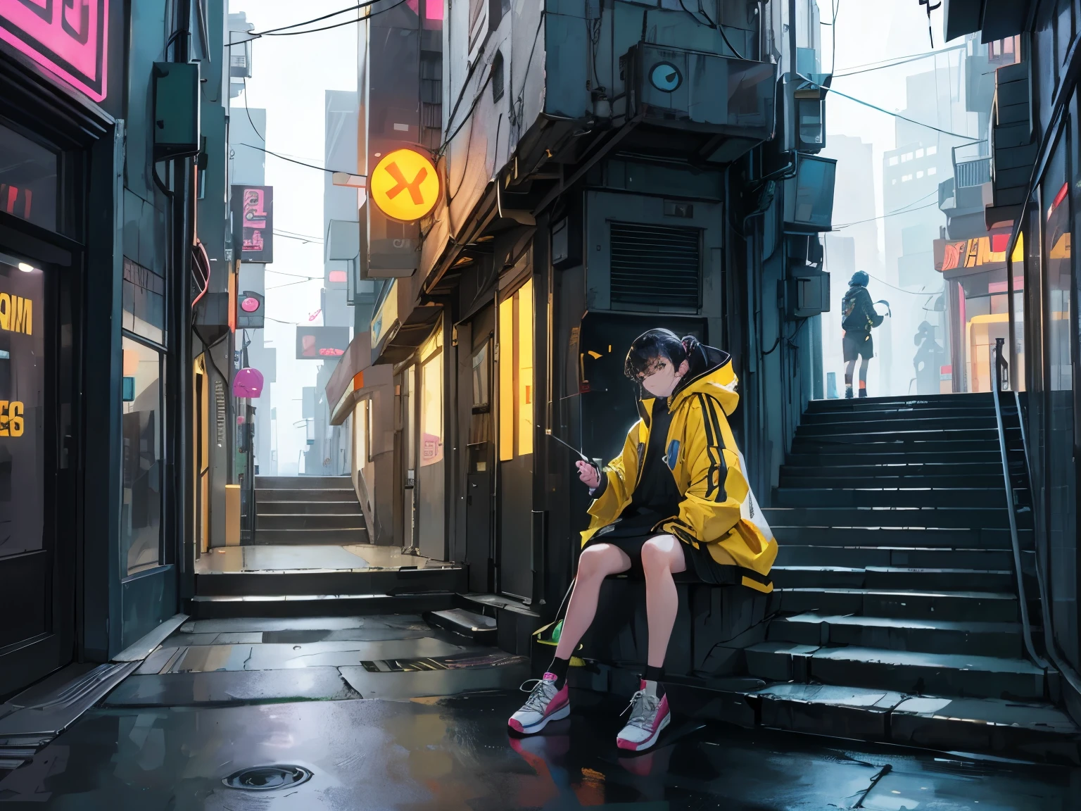 cyberpunk city with a woman sitting on some stairs smoking a cigarette wearing a yellow jacket and high top sneakers on the right side,  alley with shops with neon signs