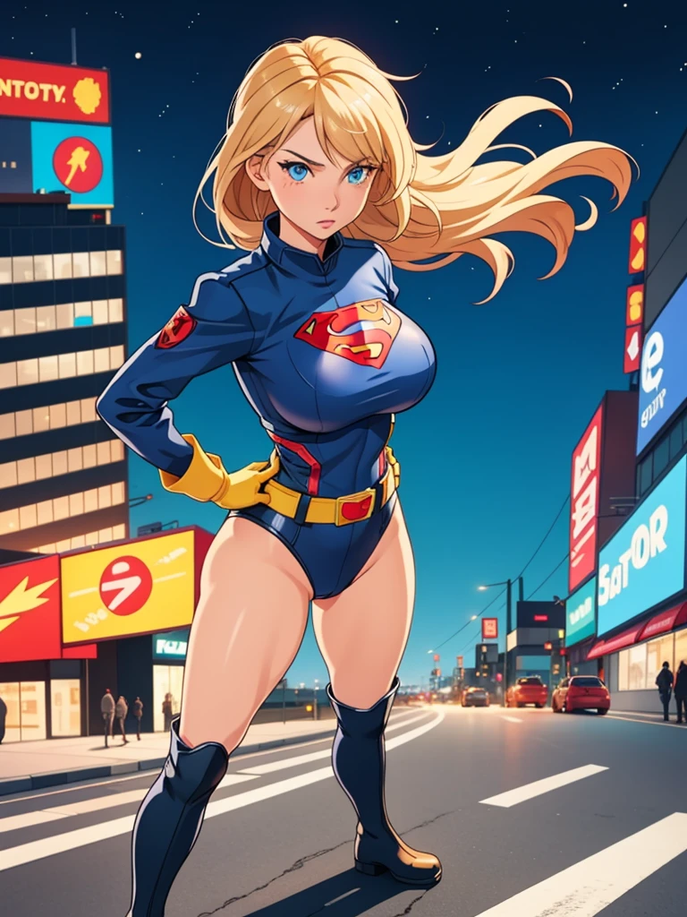 1 girl, big breasts, leotard, bare legs, tight belt, Boots, gloves, city backdrop, Alone, single, hands on hip, standing, energy emitting from your body, full body shot, cowboy shot, superhero, beautiful detailed eyes, force, mature woman, blond hair.