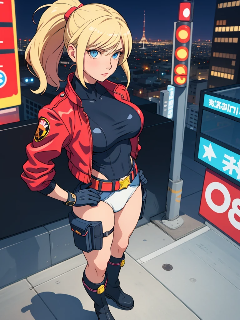 1 girl, big breasts, leotard, bare legs, tight belt, Boots, gloves, city backdrop, Alone, single, hands on hip, standing, energy emitting from your body, full body shot, cowboy shot, superhero, beautiful detailed eyes, force, mature woman, blond hair.