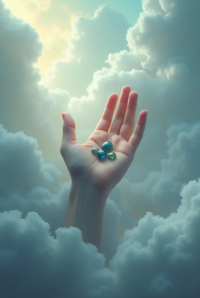 A hand coming out of the clouds showing five small stones 