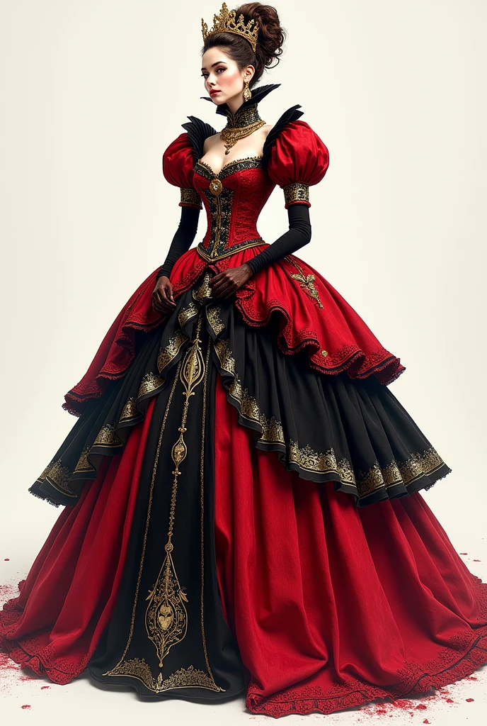 I want you to create a sketch of a dress inspired by the Queen of Hearts, with a style that mixes Victorian and princess elements, suitable for a gala event. The dress will have details that refer to the theme of Alice in Wonderland, with colors characteristic of the Queen of Hearts, like red, black and details that are simple with gold and white sawdust that is easy to make