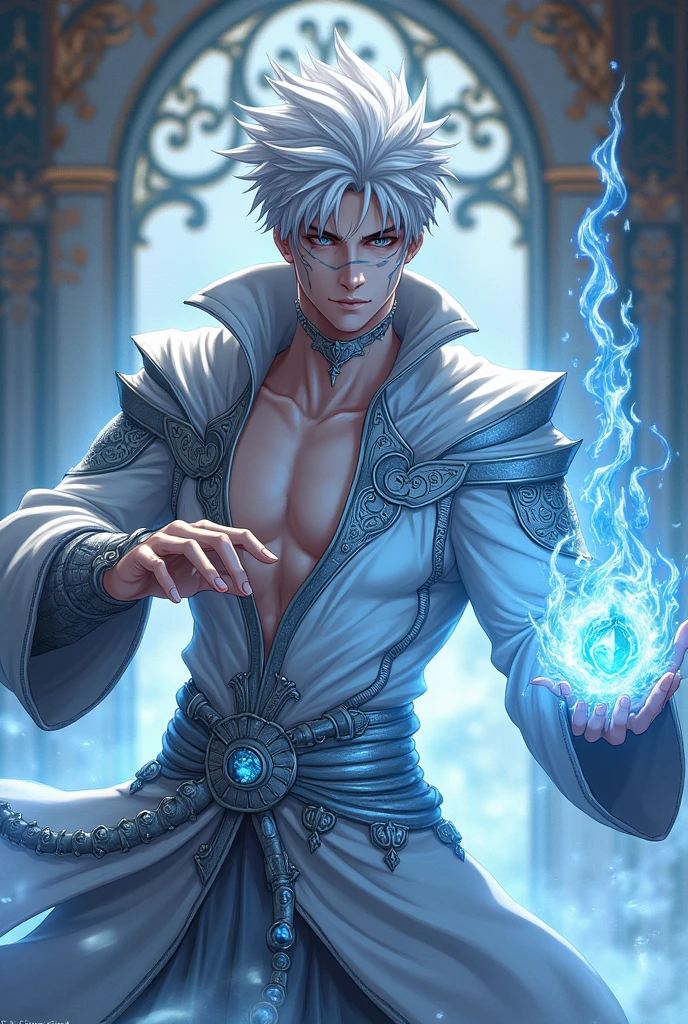 dnd, dungeons and dragons, snake man, normal round human ears, serpent, snake guy, sorcerer, slender, ice magic, cold magic, magic, casting a spell, solo, single person, portrait, action pose, pale white skin, symmetrical silver snake scales on cheeks, thick vertical black line tattoo on bottom lip and chin, short spiky white and silver hair, light grey snake eyes, handsome, male, anime, ornate silver robes with hood, silver jewelry with blue gems, noble, rich, frost magic, ((masterpiece, best quality)), trending artwork
