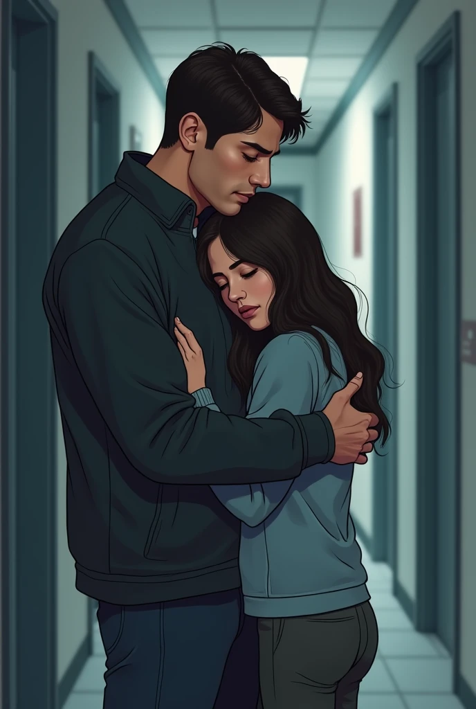 Create a lineart illustration Scene: Josh hugging Marine in the hallway, conveying confidence and hope in a quiet moment.
Details: Marine may be looking lost, while Josh is hugging her with an expression of support and reassurance. The illustration could capture the contrast between Marine's fragility and Josh's confidence, creating a scene of hope amidst the darkness.