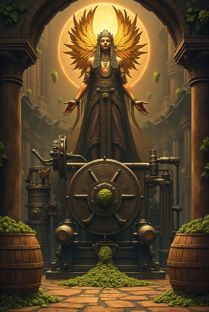 History of craft beer making machines with hops and barrels with mythological working indigenous god