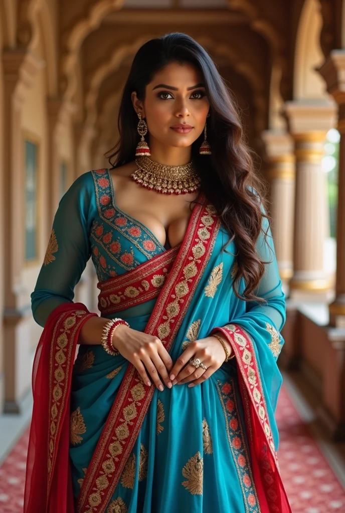(8k, RAW Photos, Highest quality, masterpiece: 1.2)、Very detailed、Super Resolution、(Full body photography)、Natural color lip、Heavy eye makeup、(Indian female wearing blue and red salwaar kurta 1.2), Gorgeous Accessories、Straight Hair、C cup breasts(Background of a royal banquet hall with luxury view1.2)、(Dynamic Sexy Pose 1.2)、(Gorgeous Theme 1.2)、(With mild cleavage 1.2) Full length photograph, head to sandals length. Indian female 3, vertical length.