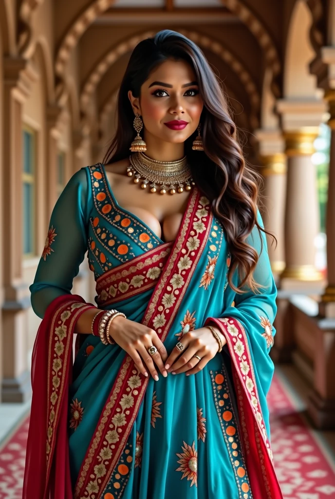 (8k, RAW Photos, Highest quality, masterpiece: 1.2)、Very detailed、Super Resolution、(Full body photography)、Natural color lip、Heavy eye makeup、(Indian female wearing blue and red salwaar kurta 1.2), Gorgeous Accessories、Straight Hair、C cup breasts(Background of a royal banquet hall with luxury view１.2)、(Dynamic Sexy Pose 1.2)、(Gorgeous Theme 1.2)、(With mild cleavage 1.2) Full length photograph, head to sandals length. Indian female 3, vertical length. 