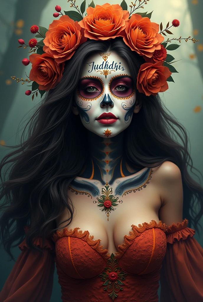 Create a woman with long dark brown hair and brown skin dressed as a catrina and her face and body painted as a catrina and put the name Judith in white cursive letters on her forehead in full body anime style 