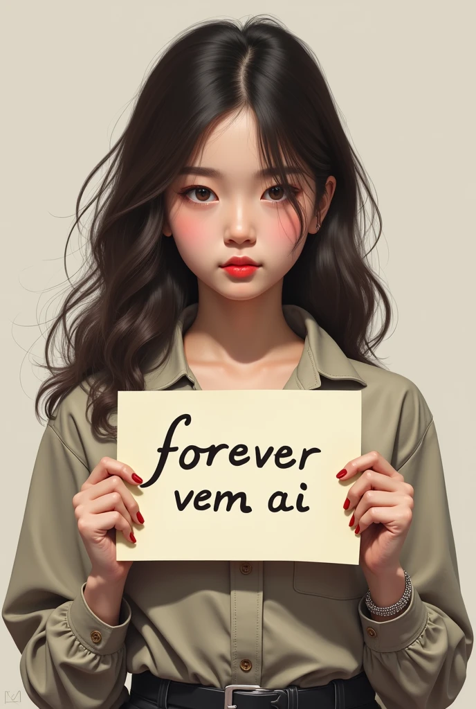 Make it as realistic as possible of a girl holding a sign with the following phrase " Forever Vem Ai "