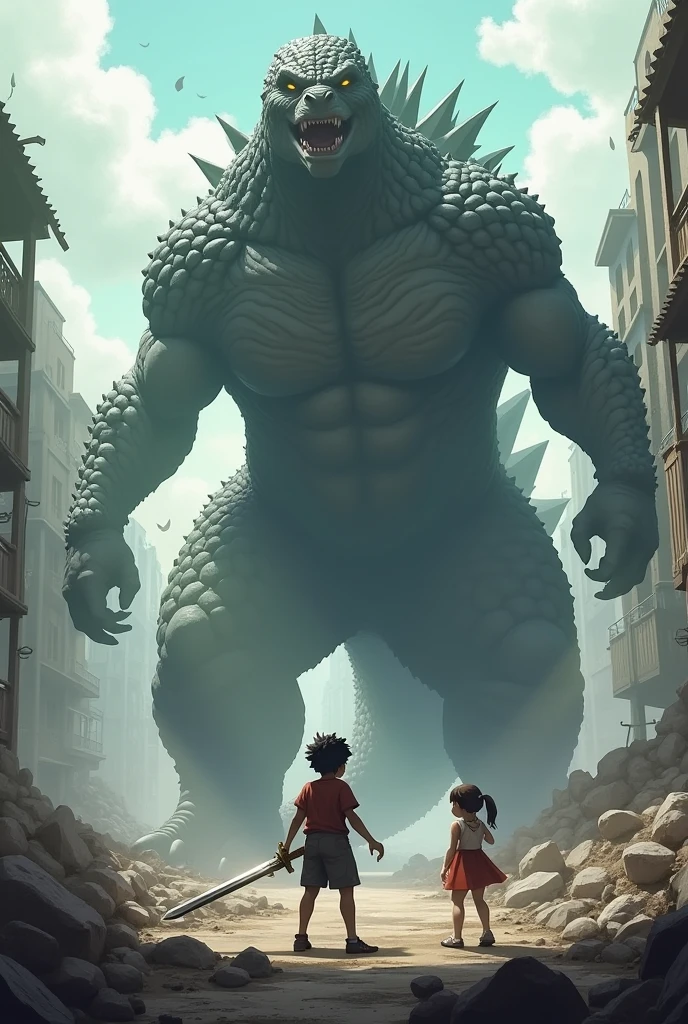 A boy with a sword saving a girl from a godzilla