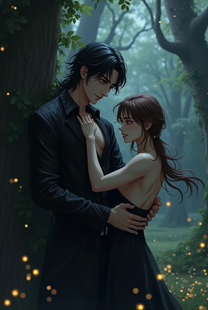 A male character with wavy black hair (the top), wearing a black ensemble and a dangerous smile, pins a fluffy brown haired male character (less musculed and softer, the bottom then) on a tree. there are many trees, fireflies around them, the atmosphere is eerie. 