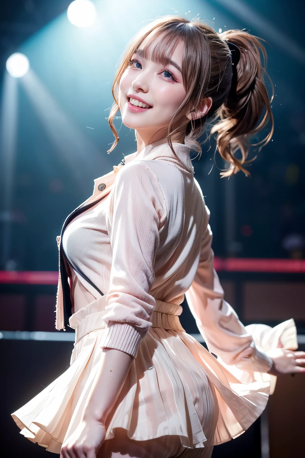 realistic, on the stage of the concert, brightly lit by spotlights on the stage, extremely bright lighting, singing smiliy, wearing casual pink cardigan, wearing white skirt, light brown ponytail hairstyle, hair is blowing in the wind, hair is shaggy and dishevelled, beautiful white-colored translucent skin, sweat splashes, glamorous figure, a little big chest, heavy and vivid makeup, slightly round face, small nose, smooth shaped jawline, glossy face, heavy flushed cheeks, big smile, close up shot