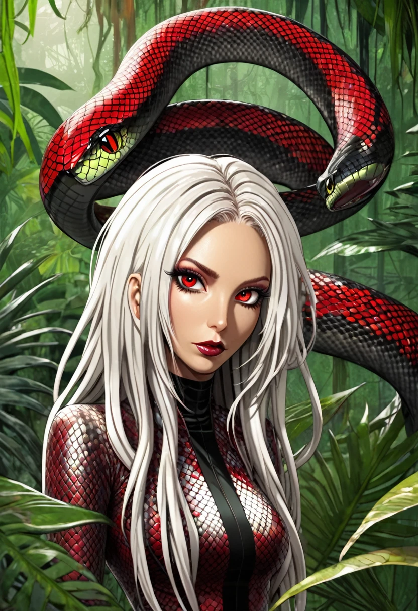 slender Medusa, drawn in the style of Bob Kehl, Latex-Haut, Snake scale pattern, white dreadlocks, red eye, Background is a jungle