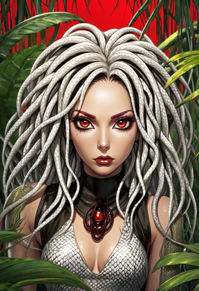 slender Medusa, drawn in the style of Bob Kehl, Latex-Haut, Snake scale pattern, white dreadlocks, red eye, Background is a jungle