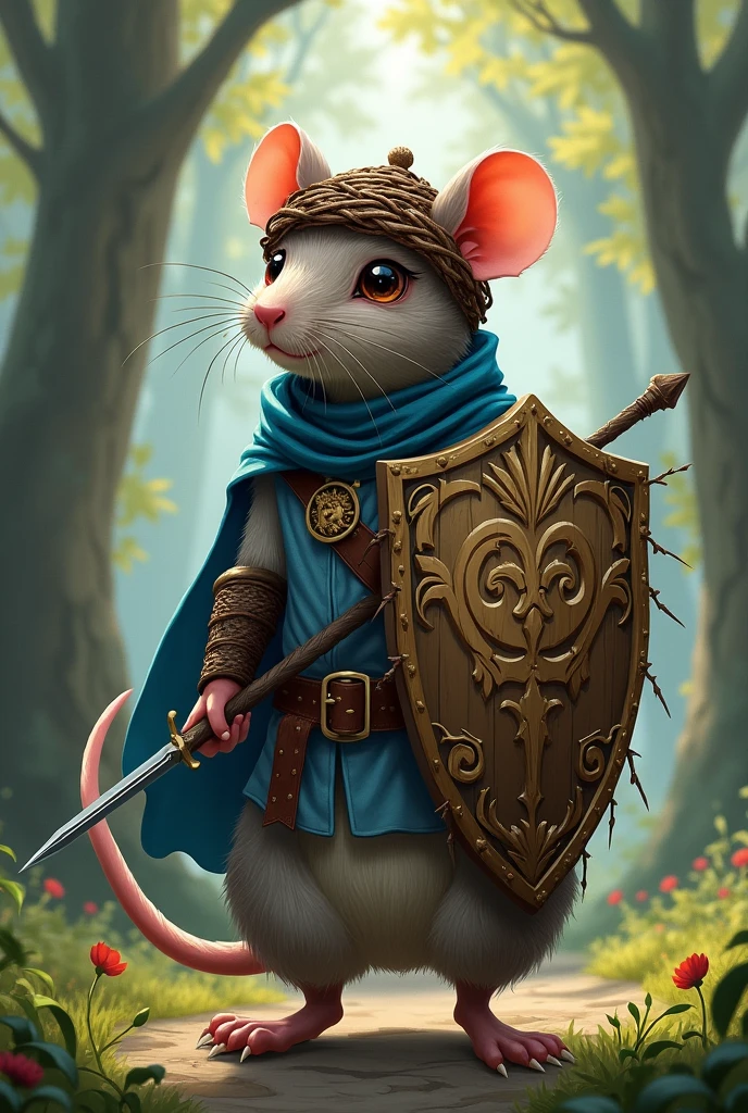 Make a Paladin Rat for RPG, he uses a hazel shield, a needle sword, and a helmet of branches, he wears a blue cape