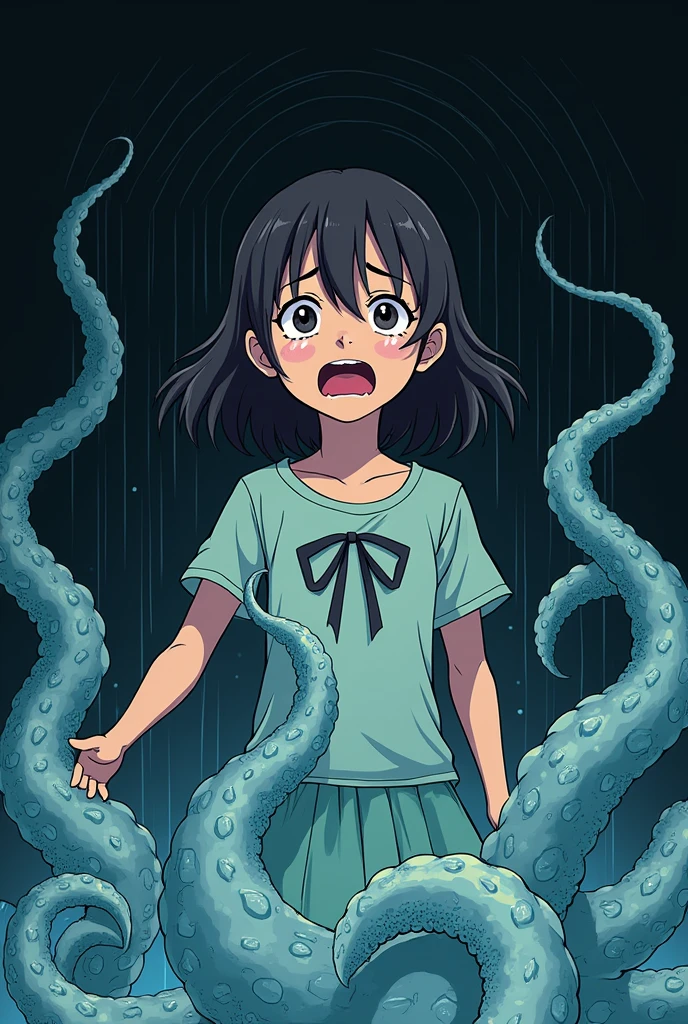 A girl's lower_body is transformed into a tentacles(Japanese anime style)(scared and crying)