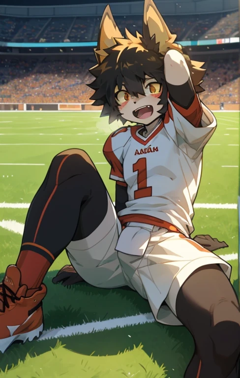 Aak,sit,masterpiece,on a football field,Anime style,4K HD style,Looking at the audience,Open your legs,Sweating,Open your mouth