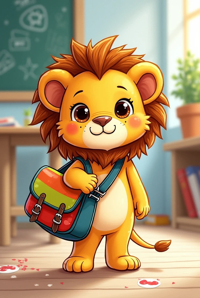 Baby lion with messenger bag in hand drawn at school childish more drawn