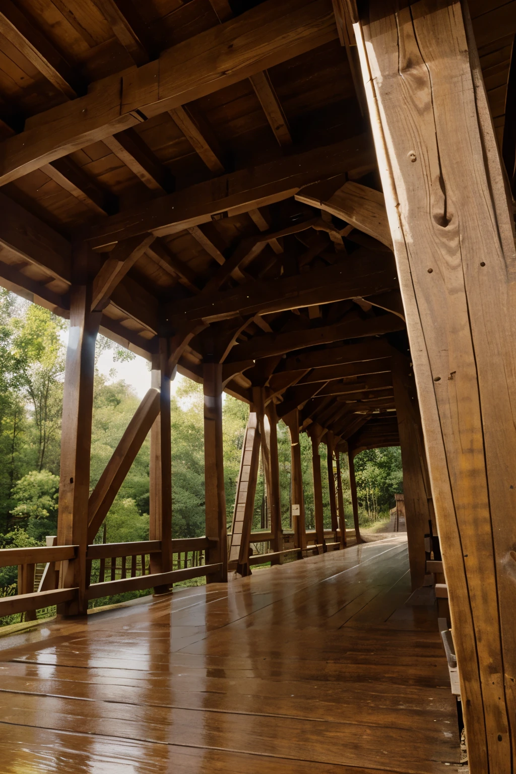 Wooden trestle bridges, similar in style, connect