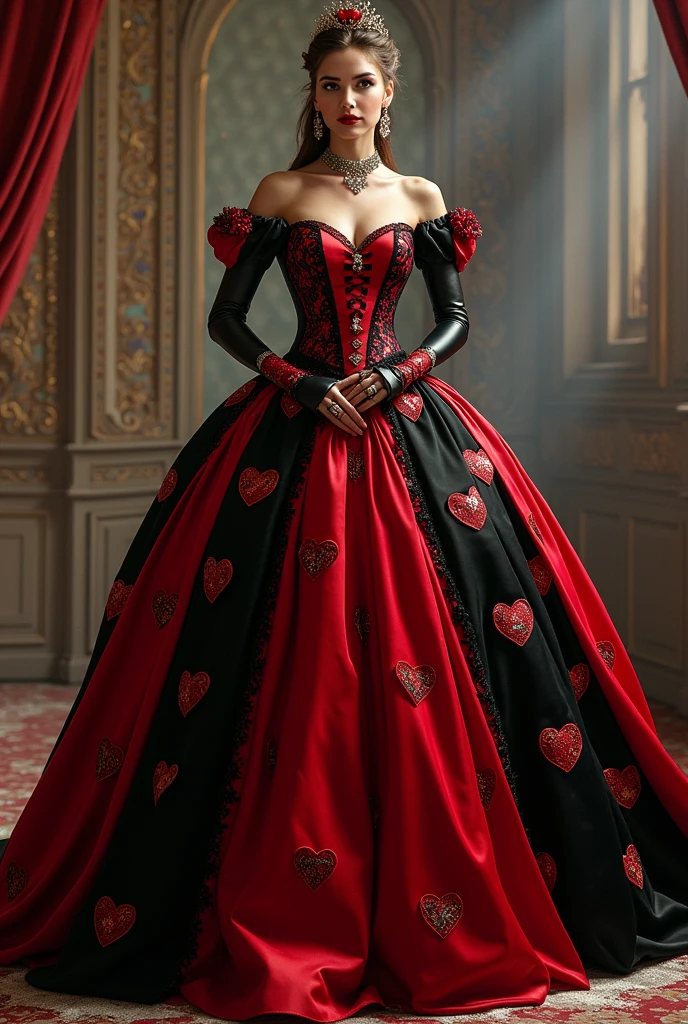 I want you to create a sketch of a dress inspired by the Queen of Hearts, with a style that mixes princess elements, suitable for a gala event. The dress will have details that refer to the theme of Alice in Wonderland, with colors characteristic of the Queen of Hearts, like red, black and details that are simple with gold and white sawdust that is easy to make