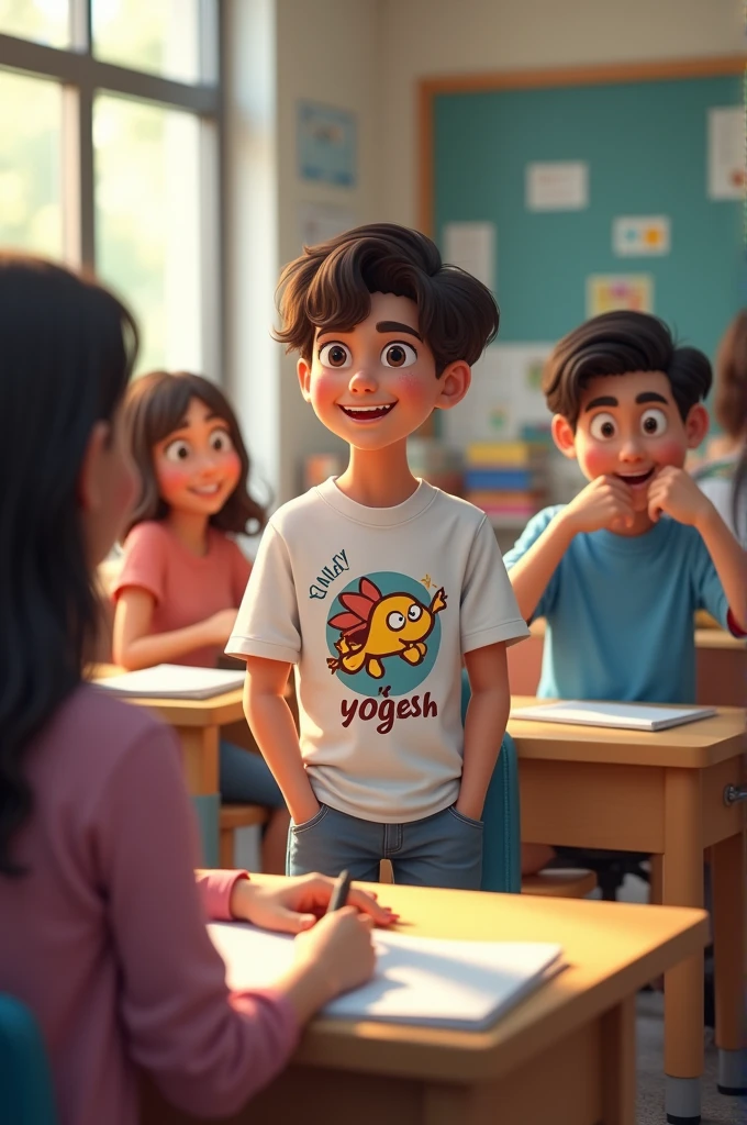 1 friends siting on the class room enjoying the study shows, one boy name yogesh written on the t shirt cartoo " another nd the cartoon