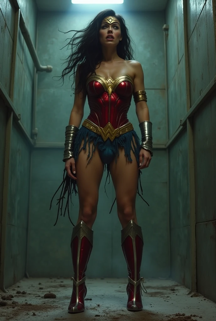 wonder woman , stiletto high  heels, posando, commission for high res, Wonder Woman,  Thick, thicc thighs!!!,  fullbody! Expression of fear, expression of despair, terrified. Bondage, submission, tied with ropes. screaming in pain, suffering a lot, destroyed, HUMILIATED, captured and raped by bandits, raped, degraded, degrading, degradation, depravation. abandonned, torn garments, in the prison shower. forced into prostitution,  forced into prostitution. 