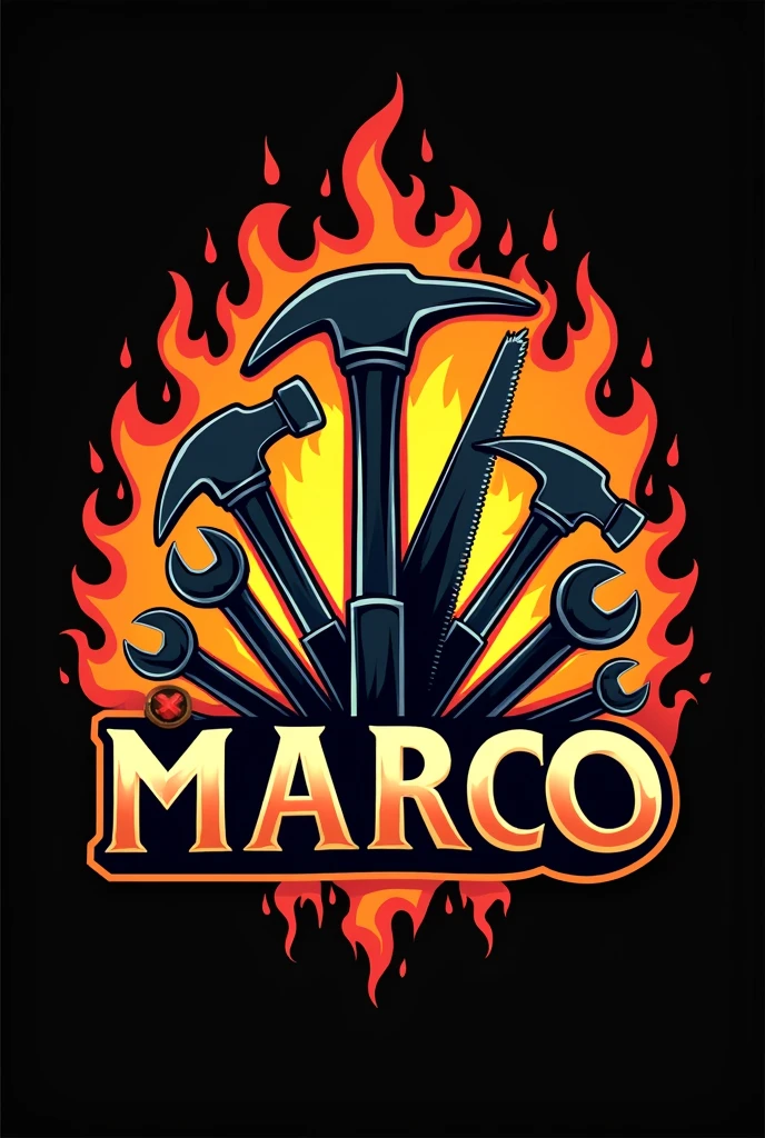 "I want you to create tools logo for home improvement for me." The background is fire and pls add the name "Marco"