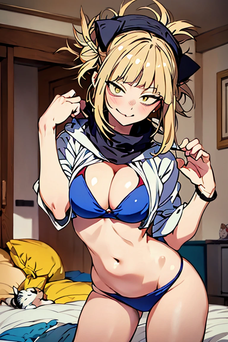 (BNHA style),Himiko Toga,(Alone),Himiko toga,(boku no hero academia),(short blonde hair with two messy pulps in her hair and yellow eyes with cat pupils),Wearing),+,(\bikini)/