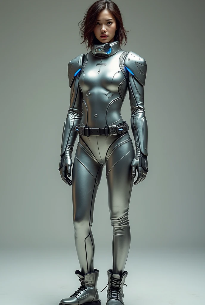 dark brown hair, green eyes and fair skin.Time Travel Outfit: A form-fitting suit of silver metallic fabric, with blue light panels indicating the status of the trip. The suit features an augmented reality visor that covers your eyes, and a belt with technological pockets for storing time travel equipment. The boots are reinforced and have magnetic soles to adhere to metal surfaces at different times. Make the full body image
