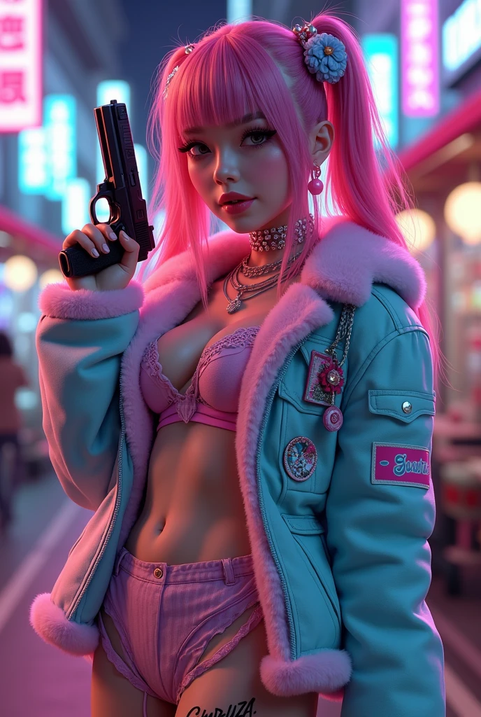 a Japanese Gyaru as a powerful Yakuza boss  by Satoshi Nakamura  6k resolution  pastel neon lights  playful fashion style  pink and white color scheme  cute yet fierce expression  customized handgun in hand  busy Tokyo street background  detailed and intricate clothing textures  cute accessories and charms   Gyaruza  tattoo on the thigh