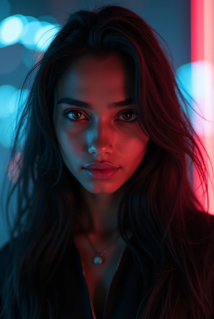 A confident-looking indian with long flowing hair, looking at viewer,hazel eyes, cyber background blue and red light, perfect composition, hyperrealistic, super detailed, 8k, high quality, trending art, trending on artstation, sharp focus, studio photo, intricate details, highly detailed,