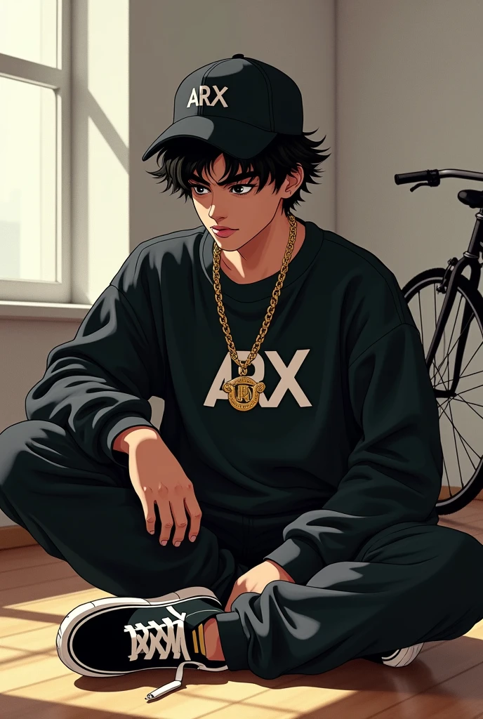 Teenage Goku, hip hop style cap on head, black eyes, listening to music, sitting in a room with white walls with black furniture and bright lights, slave chain with the initial Arx in gold, Loose black sweatshirt with a print in the center written ARX in white, long black pants and Nike Vans-type sneakers, interior, soft light, relaxed pose, in the background a Baker bicycle, realist, warm colors, by Greg Rutkowski, by Alphonse Mucha