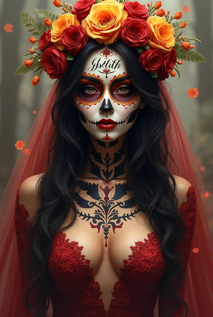 Create a woman with long dark brown hair and brown skin dressed as a catrina and her face and body painted as a catrina and put the name Judith in white cursive letters on her forehead in full body anime style