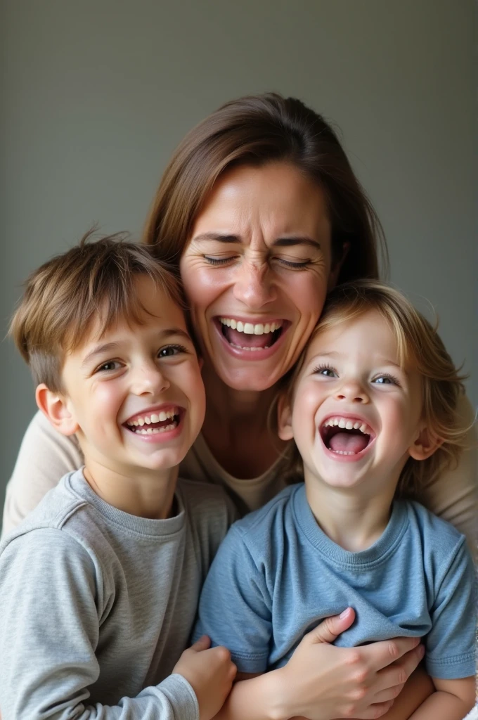 A confused mother with two laughing boy child