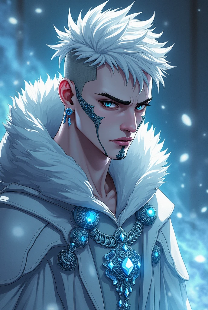dnd, dungeons and dragons, snake man, normal round human ears, serpent, snake guy, sorcerer, slender, ice magic, cold magic, magic, casting a spell, solo, single person, portrait, action pose, pale white skin, symmetrical silver snake scales on cheeks, thick vertical black line tattoo on bottom lip and chin, short spiky white and silver hair, light grey snake eyes, handsome, male, anime, comic, graphic novel, ornate silver robes with hood, silver jewelry with blue gems, noble, rich, frost magic, ((masterpiece, best quality)), trending artwork
