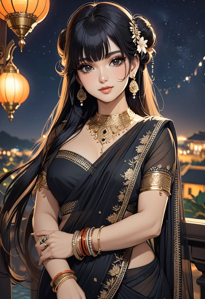 ((best quality)), ((Masterpiece)), (details), 1 woman, Medium bust, black hair, black eyes, ((long hair, buns)), Bangs , curve, beautiful face, Beautiful skin , Long eyelashes, Thick eyelashes, indian dress transparent (((saree))), head jewellery, necklace, earings, armlets, bangles and bracelets, rings, pleasant expression, natural beauty,night sky, vintage aesthetic