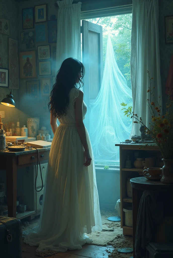 The Whispering Veil appearing subtly in the background of Aeris’s studio, suggesting its presence and hinting at future adventures. The Veil glows faintly through a window or doorway, blending into the everyday setting while maintaining its otherworldly allure.