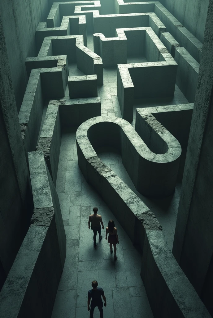 Create a realistic image of a labyrinth viewed from a high angle, but not directly from above. The perspective should allow a clear view of the maze’s intricate pathways and the people navigating it. Show several individuals within the maze, appearing confused and disoriented as they try to find their way. The maze should be detailed, with high walls and complex turns, giving a sense of depth and scale. Include visual elements such as shadows cast by the maze walls and the varying positions of the lost people to enhance the sense of entrapment. Use subdued lighting and muted colors to evoke a feeling of uncertainty and complexity within the maze.





































































