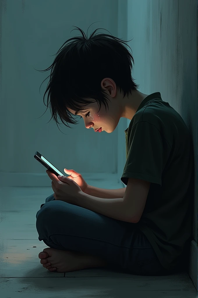 Drawing of a person suffering from cyber bullying sitting on the floor using his cell phone crying