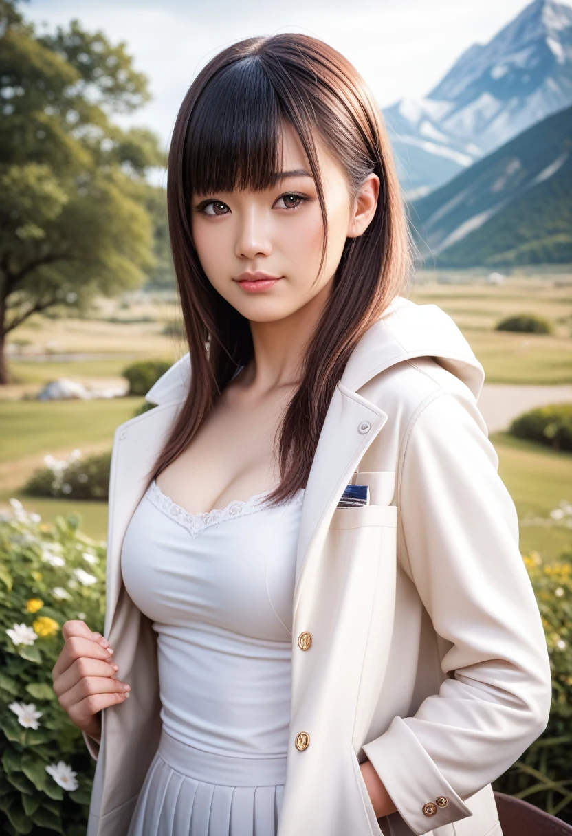 8k, raw photo, best quality, masterpiece, realistic, photo realistic, clear, professional lighting, beautiful face, best quality,ultra high res, realistic japanese beautiful, Super detailed, detailed fingers, solo, 1girl, bangs, shiny hair, detailed hair, medium breasts, curvy, jacket, outdoors, Standing, full body, landscape