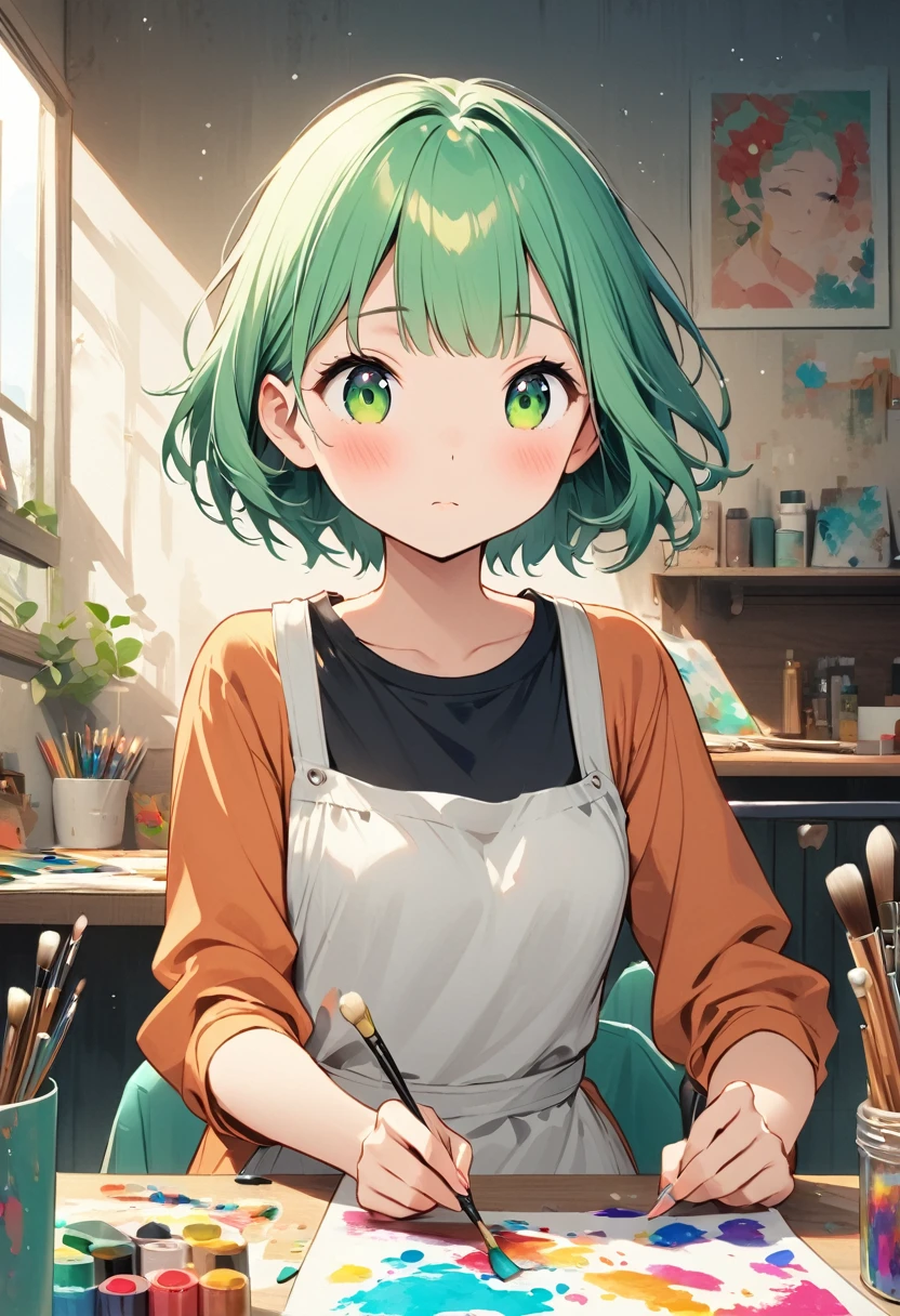 A high-quality 2D anime illustration of Mizuha, a with bright mint green short hair styled lightly upwards in the front, and vivid green eyes, engaged in creating art. She is either painting on a canvas or working on a craft project, her expression one of focus and creativity. The setting is an art studio or a home workspace, filled with art supplies like paints, brushes, and craft materials. Mizuha's outfit is casual, with an apron over it to protect her clothes, in her favorite colors of mint green and white. This scene showcases her artistic talents and her enjoyment in expressing herself through various art forms.