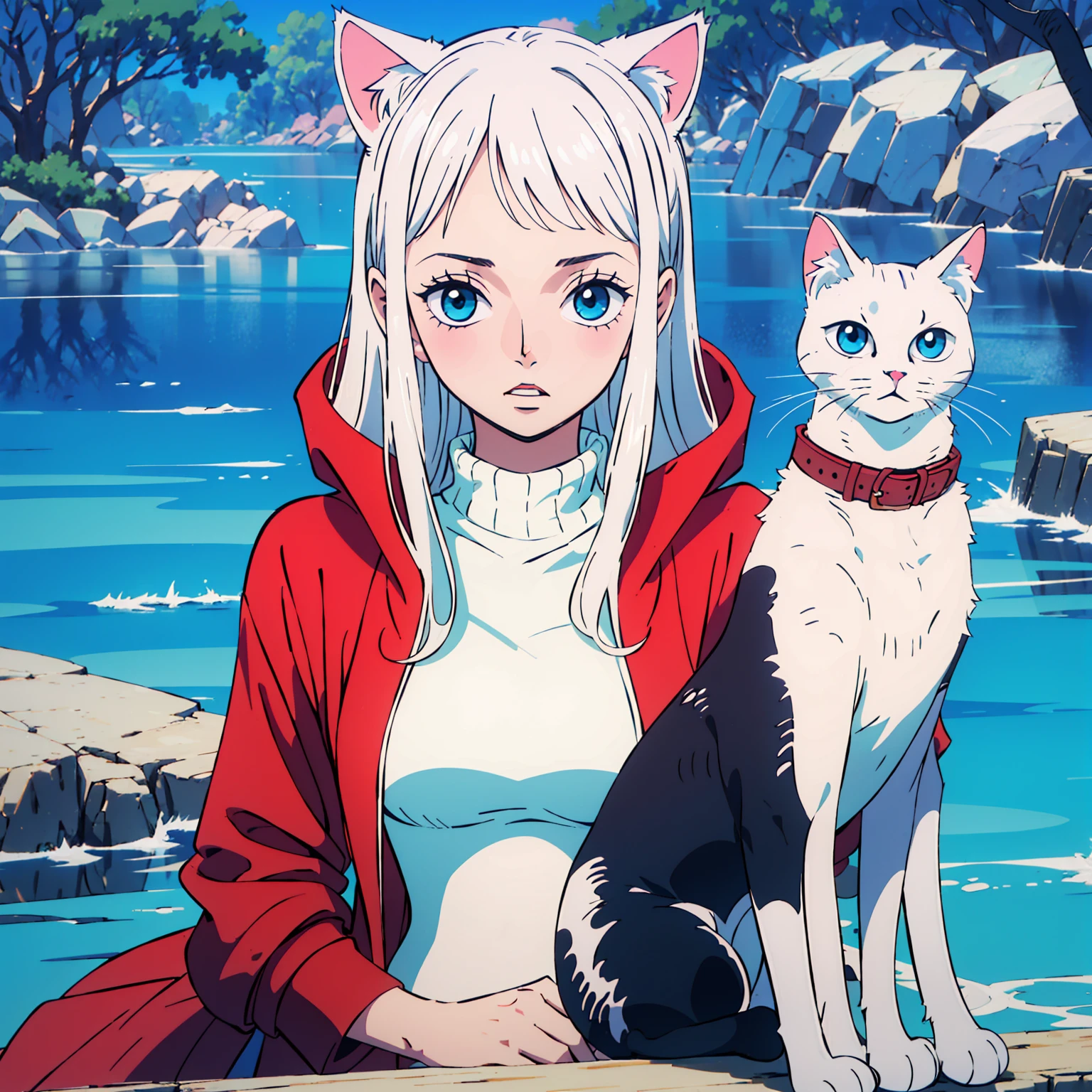 8k image quality, 2000s style animation, 24 year old girl, coolerfull hair, long hair, dark blue eyes, With a red turtleneck, black coat, home cover, whole body , By the creek , posing, With an cat, the cat had a white collar and blue eyes