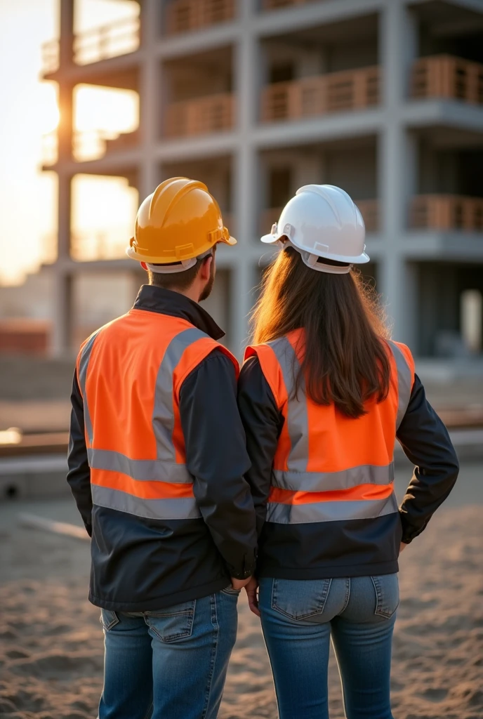 Award-winning professional photography, A Valentine's Day engineering couple, looking at their construction work. Shot in the style of the Nikon D850 camera with a Nikon 24-70 mm f lens/3.5 a ISO600, opening f/9 and speed
