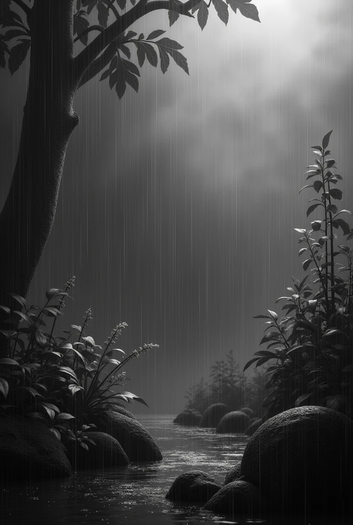 create black and white nature mobile wallpaper with rain effect in 4k
