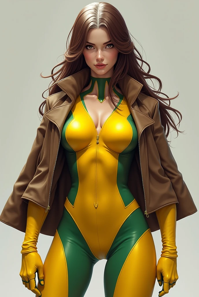 1girl, superhero rogue, long brown hair with white front, in yellow costume with green parts, yellow gloves and boots, brown jacket