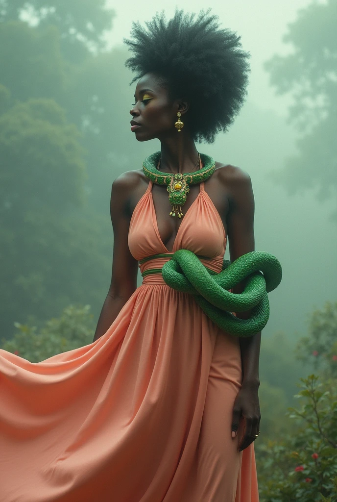 Black woman Orisha, peach colored dress, with a green snake wrapped around his arm in the middle of a fog