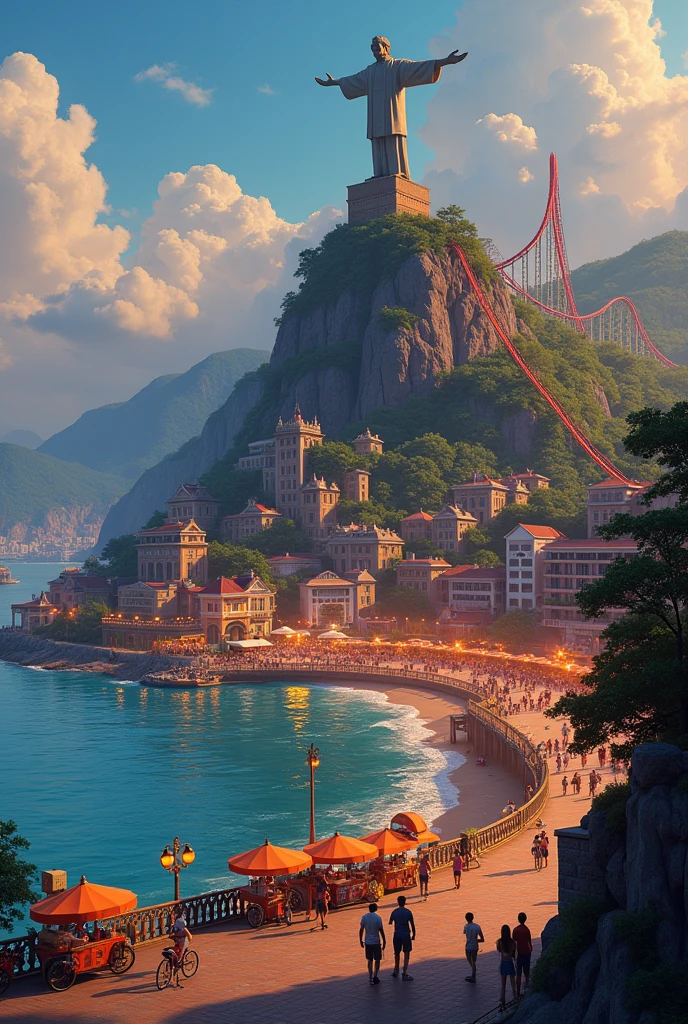 Beach town with medium-sized buildings in the South American style, on a mountain a large statue of an open hand where a roller coaster passes, Similar. Beautiful lights illuminating the city&#39;s waterfront, which has kiosks and lots of movement. City waterfront with cycle path and skate park