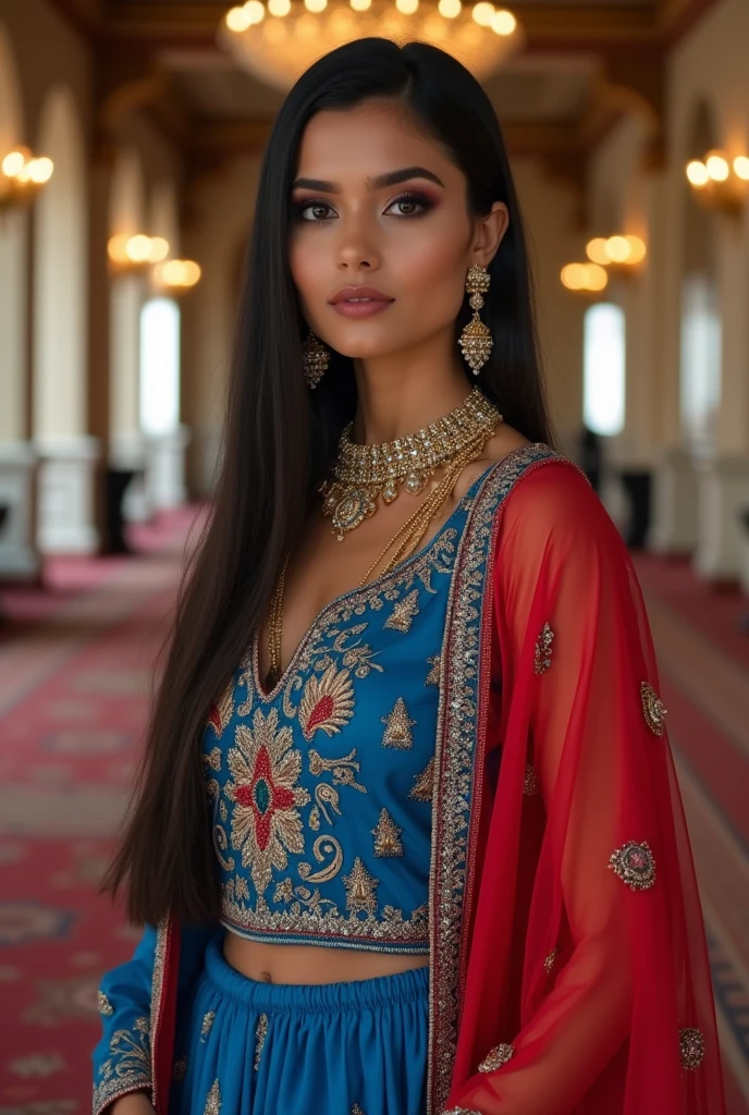 (8k, RAW Photos, Highest quality, masterpiece: 1.2)、Very detailed、Super Resolution、(Full body photography)、Natural color lip、Heavy eye makeup、(Indian female wearing blue and red salwaar kurta 1.2), Gorgeous Accessories、Straight Hair、C cup breasts(Background of a royal banquet hall with luxury view1.2)、(Dynamic Sexy Pose 1.2)、(Gorgeous Theme 1.2)、(With minimum cleavage 1.2) Full length photograph, head to sandals length. Indian female, FULL BODY LENGTH VERTICAL IMAGE.