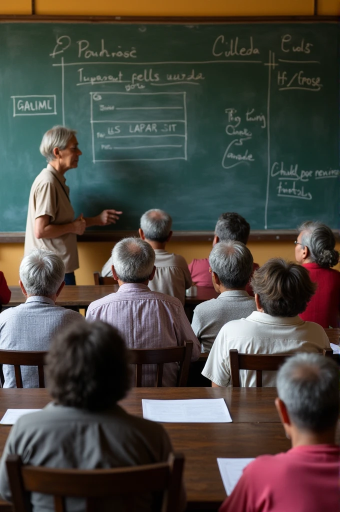 Seniors teaching a large group of seniors with old blackboards and chalk, representing the national literacy crusade in Nicaragua 