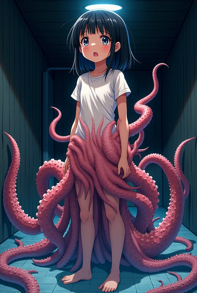 A girl's lower_body is transformed into a tentacles(Japanese anime style)(scared and crying)