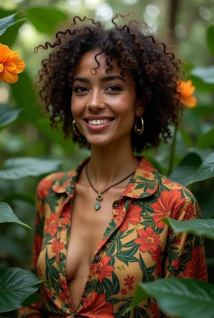 A Brazilian woman in a lush tropical garden, wearing an open shirt with a floral print, with a close-up capturing the harmonious beauty between her breasts and the natural flowers, showing off your natural charm and outgoing personality.